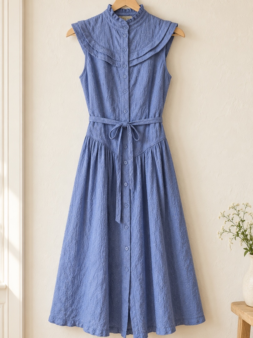 Pamela Love Chambray Midi Dress Sleeveless High-Neck Button Front EUC XS #2064-A